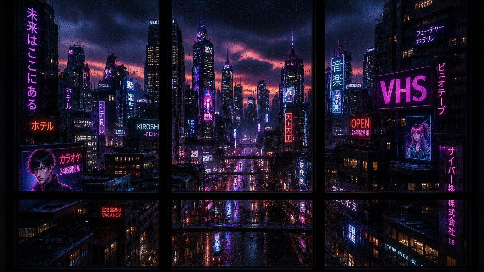 Cyberpunk city at night seen through an apartment window
